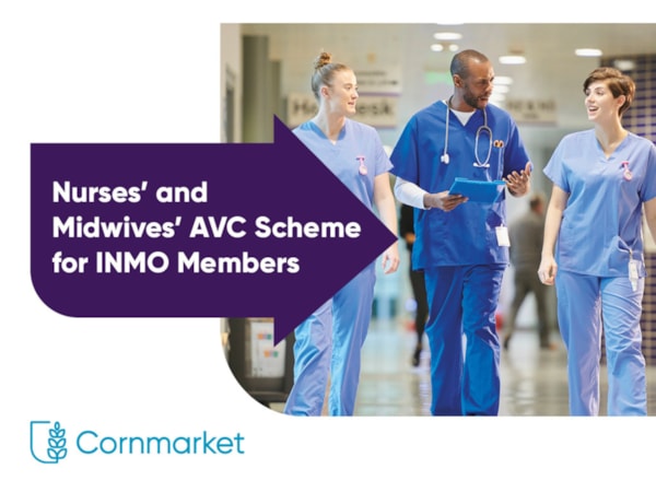 Male and female nurse in scrubs walk down hospital corridor talking. Text says "Nurses' and midwives' AVVC scheme for INMO members"